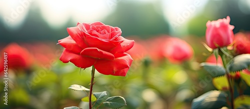 A red flower on a rose plant in a summer garden with a hazy white background