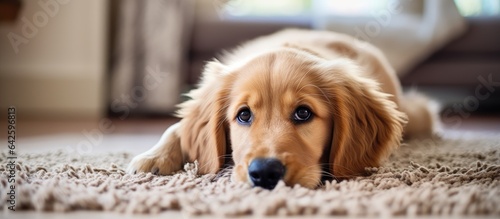 Adorable dog lounging on co...