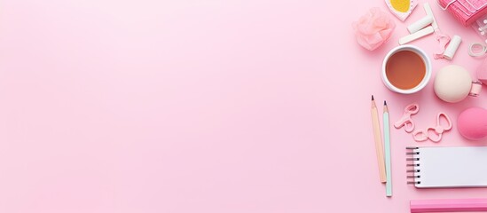 Back to school supplies on pink background top view Flat lay copy space