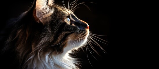 Backlit cat portrait on black background with space for text