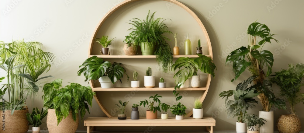 Biophilic urban interior design with plants mirror and decorations