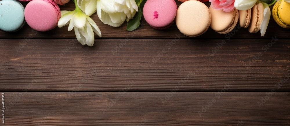 Bird s eye view of macaroons on wooden table with vacant note and blossoms Bird s eye view of macaroons on wooden table with vacant note and blossoms