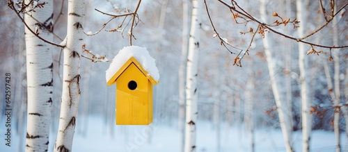 birch tree in winter park with a newly built yellow wooden birdhouse photo