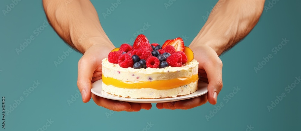 Caucasian man holding cheesecake plate with fruit copy space