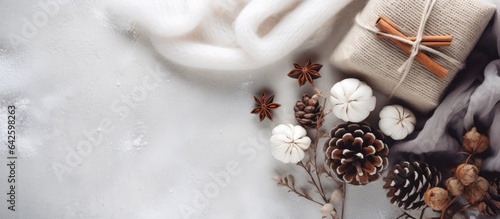 Christmas themed flat lay with winter presents pine cones cinnamon and cotton on a light knitted blanket © vxnaghiyev