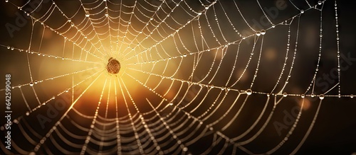 Contour lit image of a stunning spider at the core of its web adorned with glistening dewdrops Space available for copying