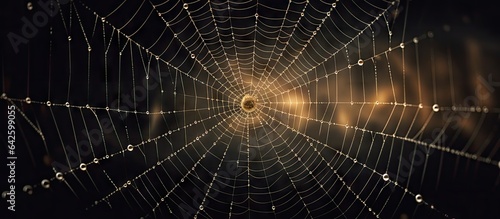Contour lit image of a stunning spider at the core of its web adorned with glistening dewdrops Space available for copying