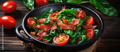 Cooked bacon with vegetables and spices on a rustic background