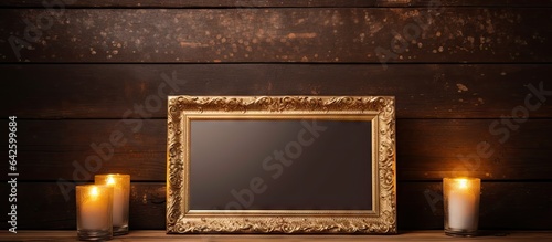 Empty wooden table with space for text and picture frame © vxnaghiyev