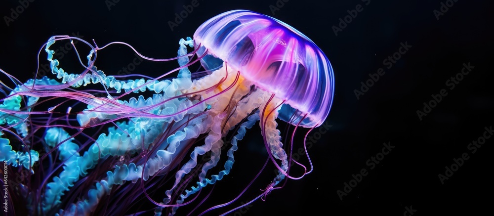 Fluorescent jellyfish dances gracefully underwater - obrazy, fototapety, plakaty 