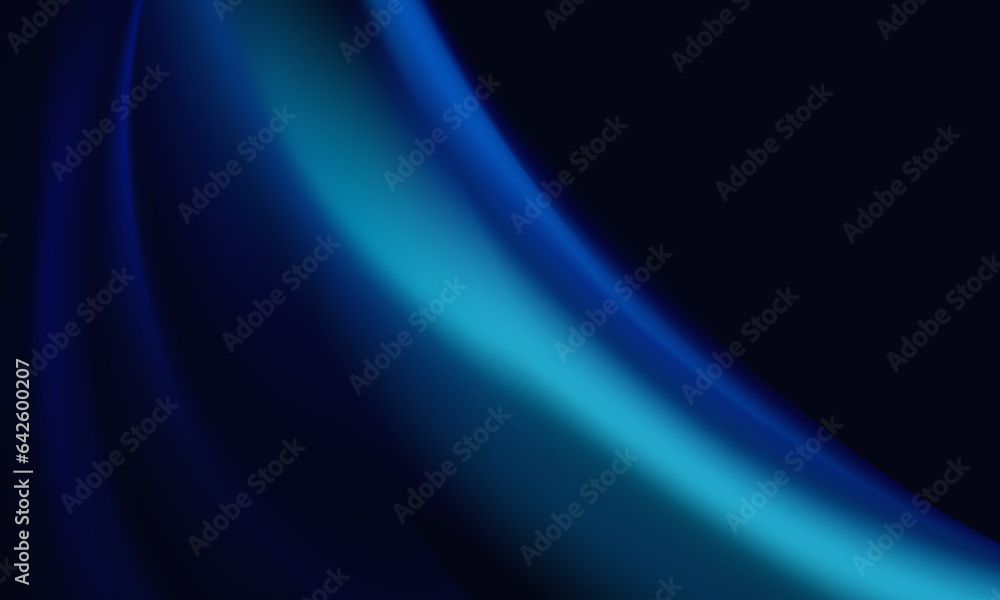 Design of bright blue wavy wallpaper for landing pages. Horizontal water fluid dark background with gradient defocused dynamic curves. Layout of widescreen empty abstract banner with copy space