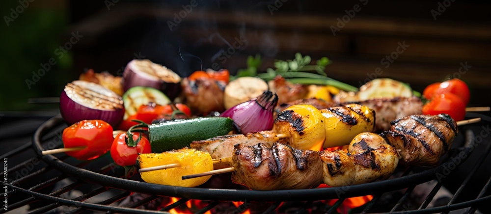Fresh vegetables and grilled chicken for a summer party lunch in nature