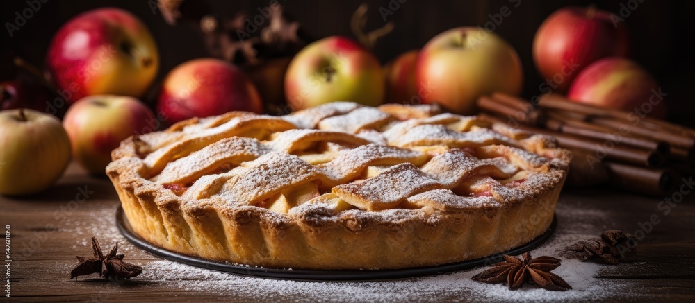 Homemade apple pie on wooden background with sugar powder Homemade apple pie on wooden background with sugar powder