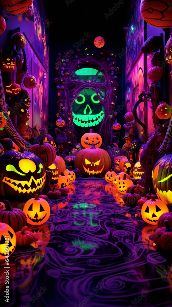 Obraz premium Halloween skull in cool neon light still life background with copy space