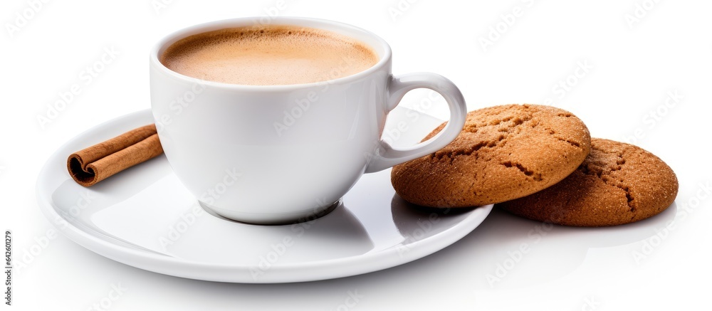 Isolated espresso cup with cinnamon cookie on white Isolated espresso cup with cinnamon cookie on white