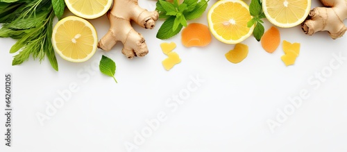 Ingredients for homemade immunity boosting drink ginger citrus juice orange lemon lime mint leaves Background white view from top space for copy