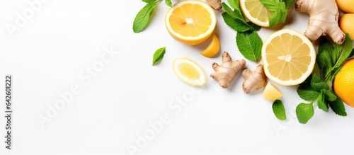 Ingredients for homemade immunity boosting drink ginger citrus juice orange lemon lime mint leaves Background white view from top space for copy