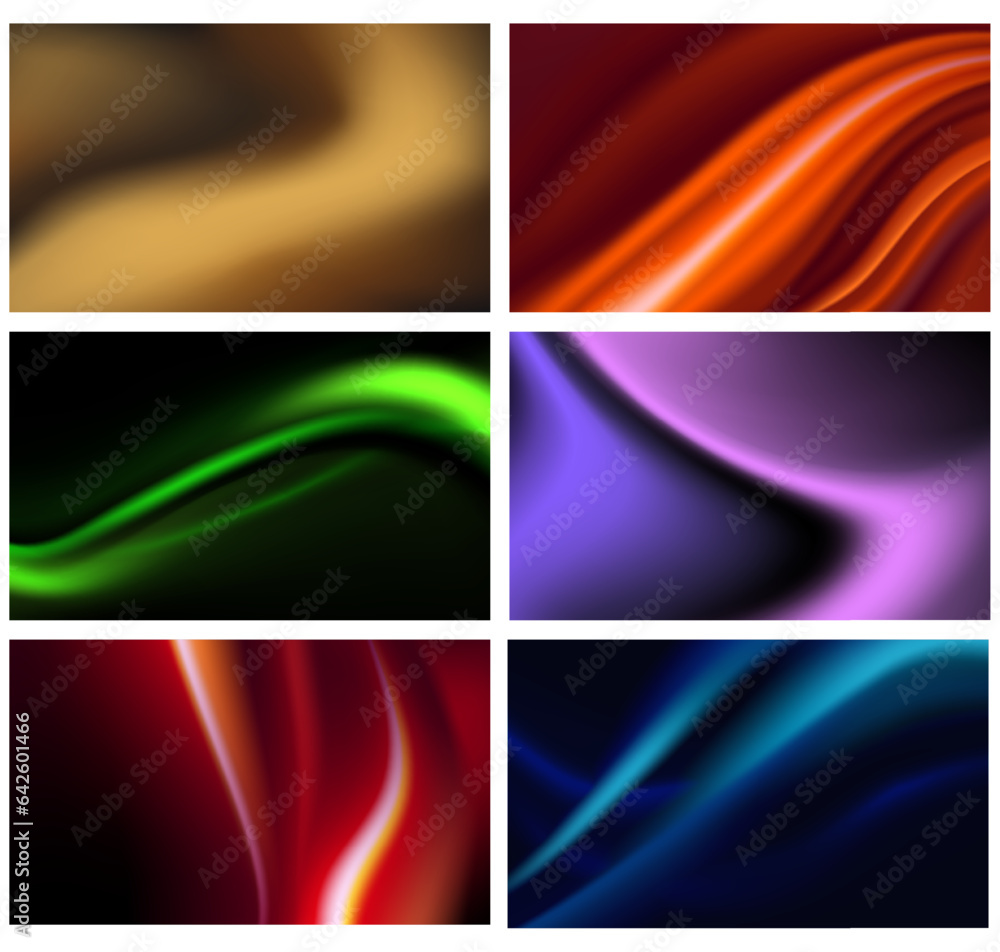 Set of 6 colorful dynamic backgrounds with blurred vivid curves. Abstract fluid wavy neon wallpapers for website page, banner, poster, etc. Cyber space, technology digital backdrop covers