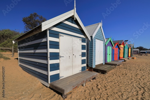 Partial run of the 82 brightly painted Victorian bathing boxes on Dendy Street Beach, Brighton suburb. Melbourne-Australia-903 photo