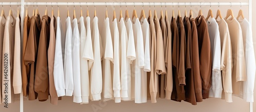 Organized white wardrobe with chic light colored clothing perfect for arranging a closet