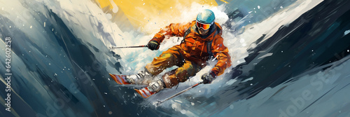 Ski wintersport action illustration, active person on snow banner
