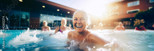 Elderly woman happy smiling in fit swimming pool class