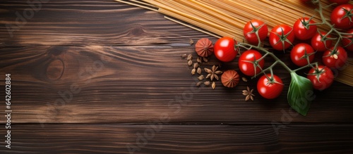Raw pasta and tomatoes on w...