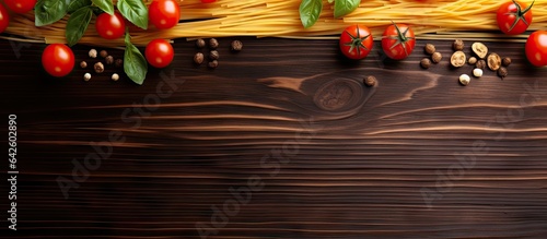 Raw pasta and tomatoes on w...