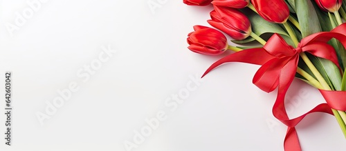 Red tulips bouquet on white...