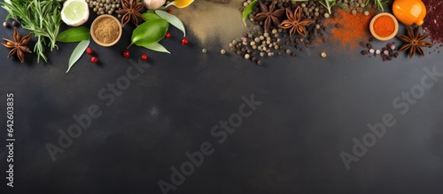 Spices and herbs on stone t...