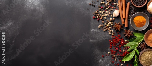 Spices and herbs on stone table with room for text