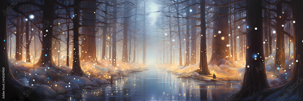 magical light in a winter forest, snowy landscape with christmas light