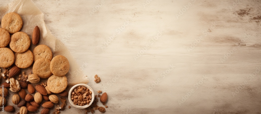 Traditional Canarian cookies with almonds on a textured old paper background Traditional Canarian cookies with almonds on a textured old paper background