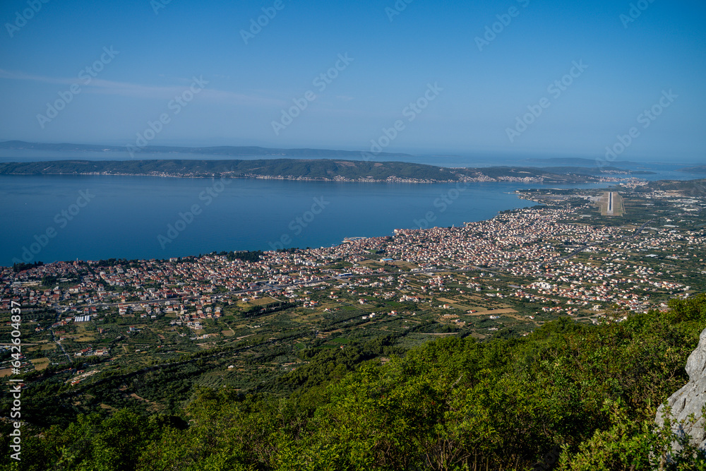 Croatia. Dalmatia. View from the mountains near Kastel Kambelovac to the coast and the sea near the airport in Split.