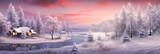 illustration of a magical winter landscape with a cosy wooden hut and a calm river and beautiful light