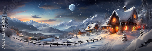 illustration of a magical winter landscape with a cosy hut at night with beautiful light © ReiterPhotography