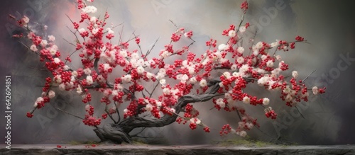 Tree of Prunus persica with red and white blooms