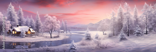 illustration of a magical winter landscape with a cosy wooden hut and a calm river and beautiful light