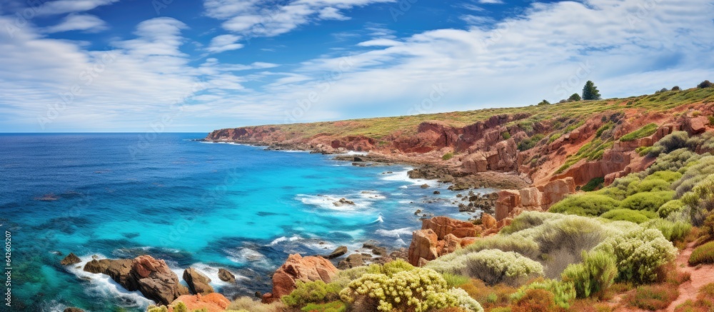 Vibrant coast in Yallingup Western Australia featuring colorful rocks bushes and ocean
