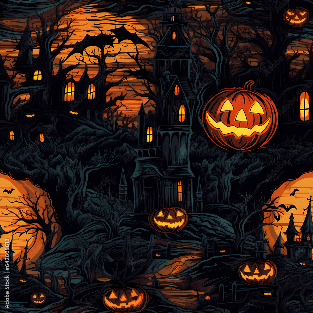 Fototapeta premium seamless spooky halloween texture with pumpkin lanterns, repeatable pattern