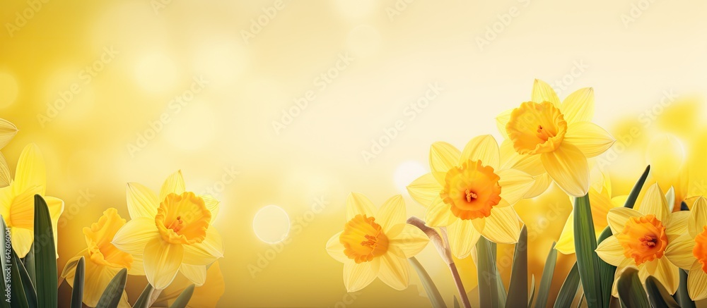 Yellow daffodils in spring with space for text - obrazy, fototapety, plakaty 