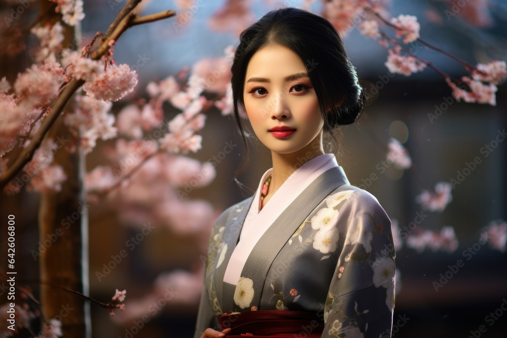 Beautiful Portrait of a Fictional Japanese Woman Model Wearing an Elegant and Colorful Kimono, Standing in a Cherry Blossom Garden. Generative AI. Beautiful Portrait of a Fictional Japanese Woman Model Wearing an Elegant and Colorful Kimono, Standing in a Cherry Blossom Garden. Generative AI.