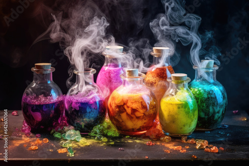 Colorful Magic Potions in Glass Bottles on Table