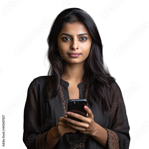 Mobile phone portrait of young Indian woman on transparent background