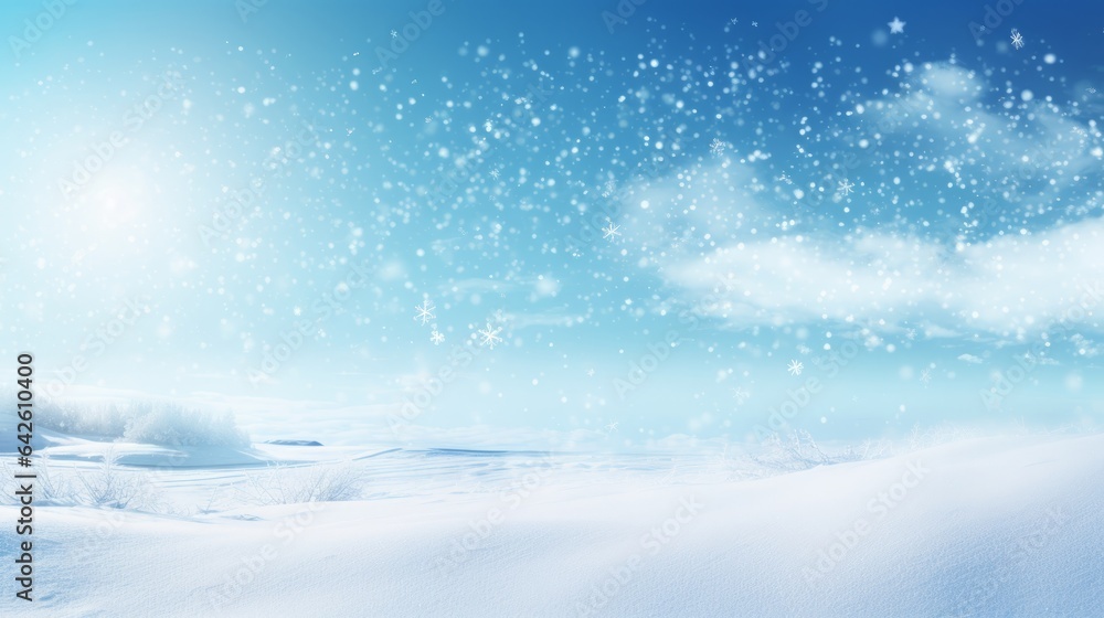 Winter snow background with snowdrifts, with beautiful light and snow flakes on the blue sky ,16:9, copy space Winter snow background with snowdrifts, with beautiful light and snow flakes on the blue sky ,16:9, copy space