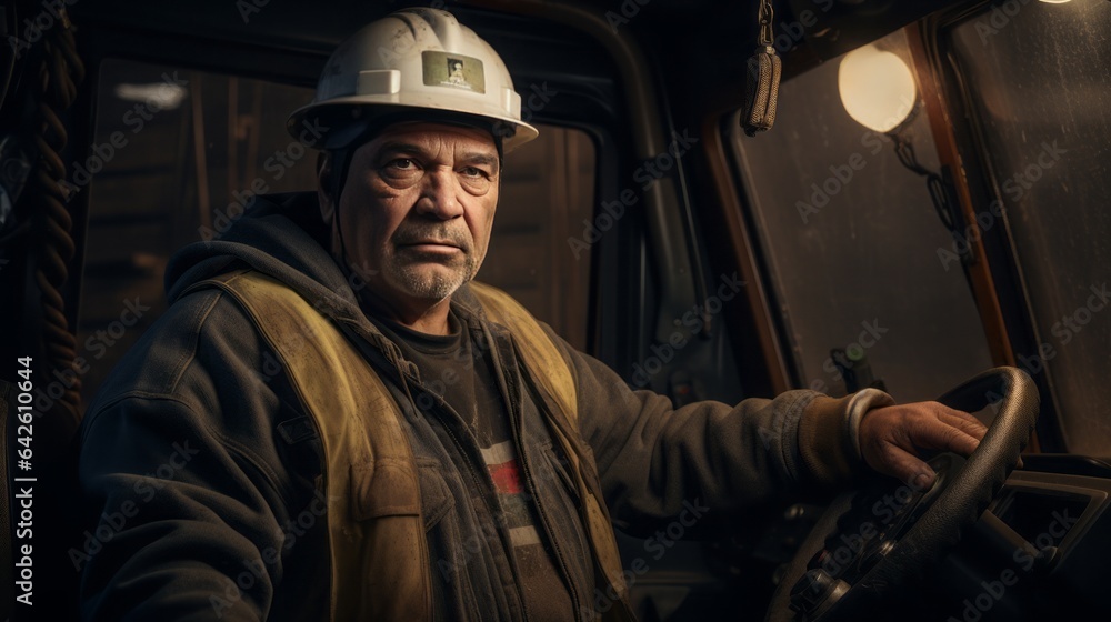 high quality picture, Mining industry truck driver in hard hat on background cabin of his lorry, 16:9, copy space