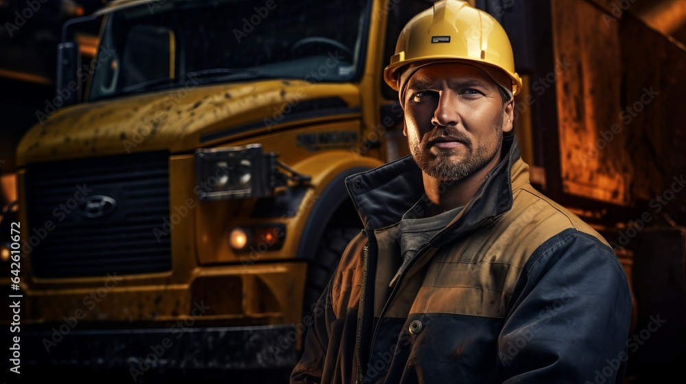 high quality picture, Mining industry truck driver in hard hat on background cabin of his lorry, 16:9, copy space high quality picture, Mining industry truck driver in hard hat on background cabin of his lorry, 16:9, copy space