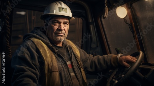 high quality picture, Mining industry truck driver in hard hat on background cabin of his lorry, 16:9, copy space