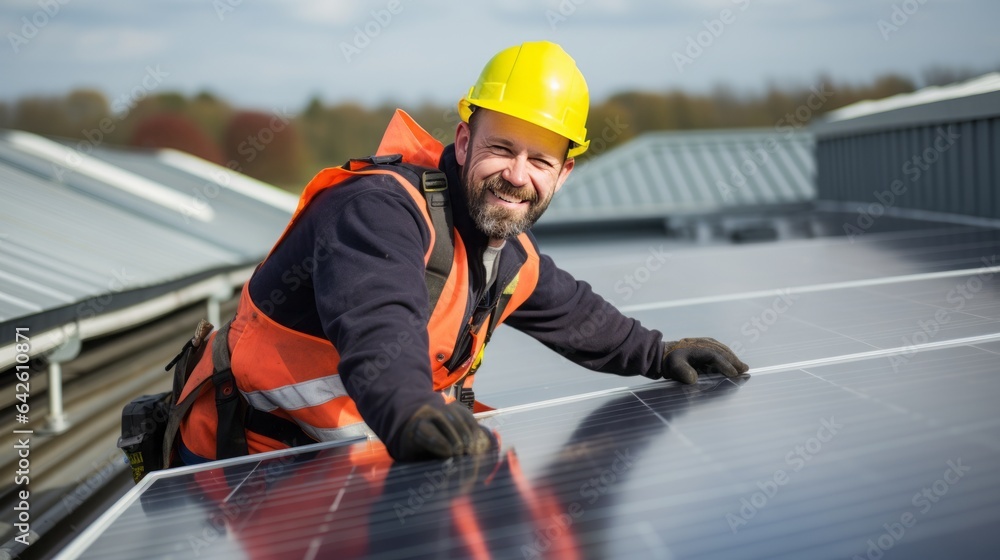Close up Employee of a solar panel installation company on the roof, high quality, 16:9 Close up Employee of a solar panel installation company on the roof, high quality, 16:9