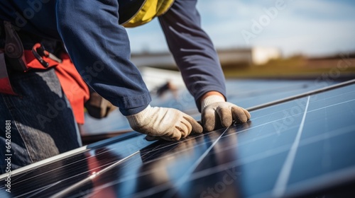 Close up Employee of a solar panel installation company on the roof, high quality, 16:9 